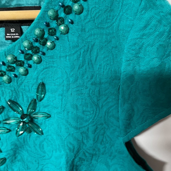 CheetaB Sunhee pretty Jacquard teal cap sleeve sheath dress w/ bodice beading - Picture 4 of 7